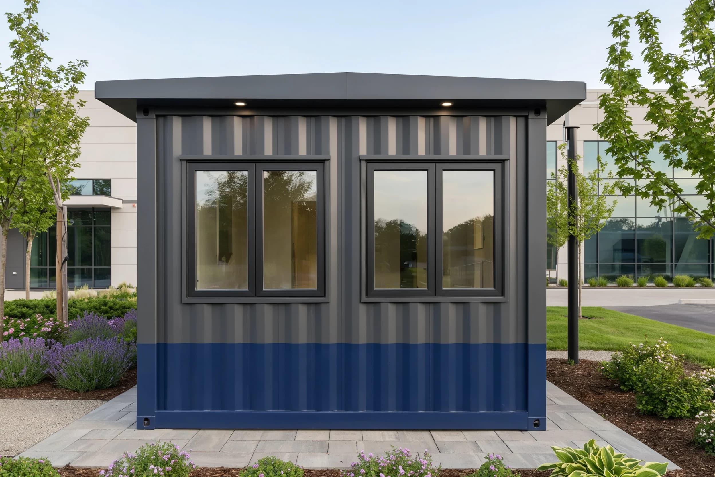 Container office in Mettur, Salem — end elevation of the charcoal-grey portable office with two large black-framed casement windows, a navy-blue lower band and the flat roof overhang with two LED downlights