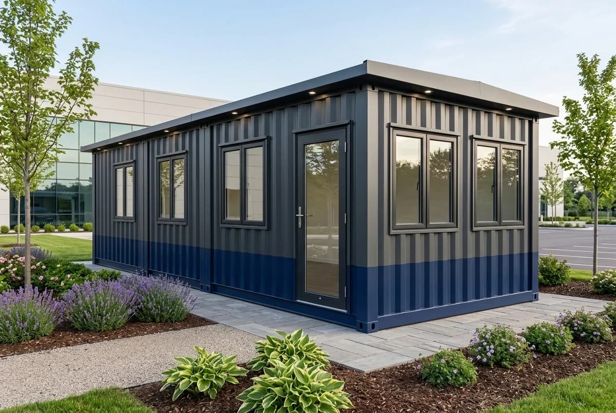 Container office in Mettur, Salem — charcoal-grey corrugated-steel portable office with a navy-blue lower band, a full-height glass entrance door, black-framed casement windows and a flat overhanging roof with LED downlights, on a paved pad beside an industrial building