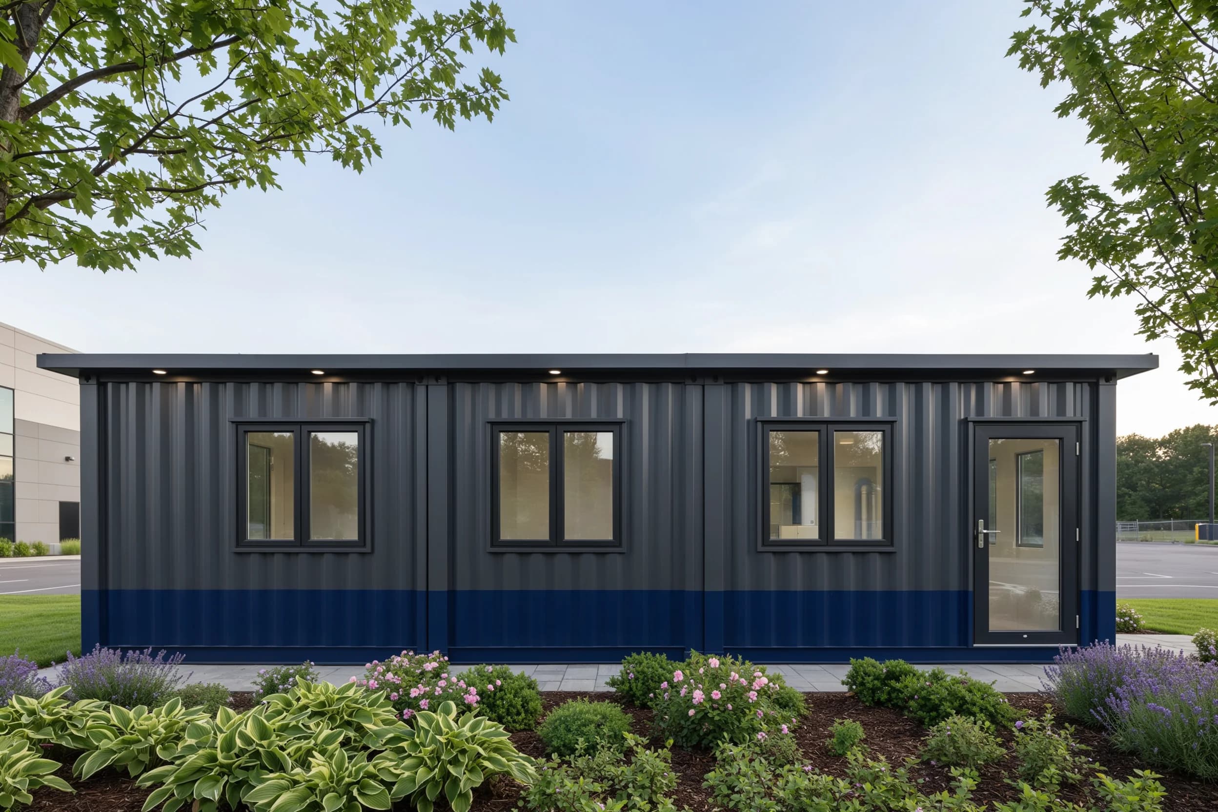 Container office in Mettur, Salem — long front elevation of the charcoal-grey portable office: three black-framed casement windows and a glass entrance door above a navy-blue lower band, under a flat roof canopy with LED downlights