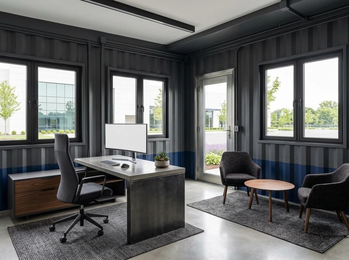 Container office in Mettur, Salem — optionally furnished interior: charcoal corrugated walls with a navy-blue lower band, black-framed windows and a glass door, an executive desk with a monitor and task chair, a wooden storage unit, and a lounge corner with two armchairs and a round coffee table