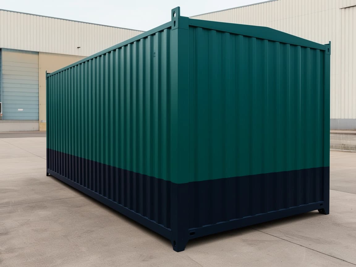 Container office for Mysore — blank end and side of the teal-green corrugated-steel portable office with its navy lower band, pitched roof line and corner lifting lugs, a continuous wall with no openings