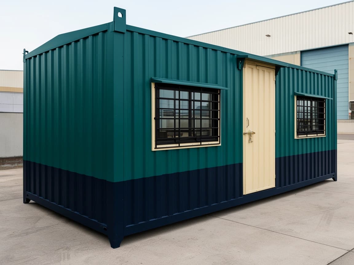 Container office for Mysore — three-quarter view of a teal-green corrugated-steel portable office with a navy lower band, a cream entrance door, two hooded sliding windows with black grilles and corner lifting lugs, standing on a concrete yard outside an industrial shed