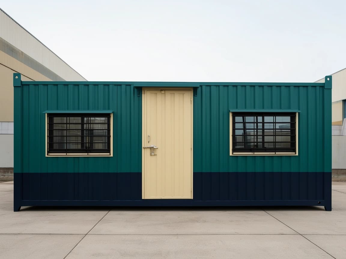 Container office for Mysore — front elevation of the teal-green portable office: a central cream steel door under a small canopy, a hooded sliding window with black grilles on each side and a navy skirt band along the base, on a paved yard