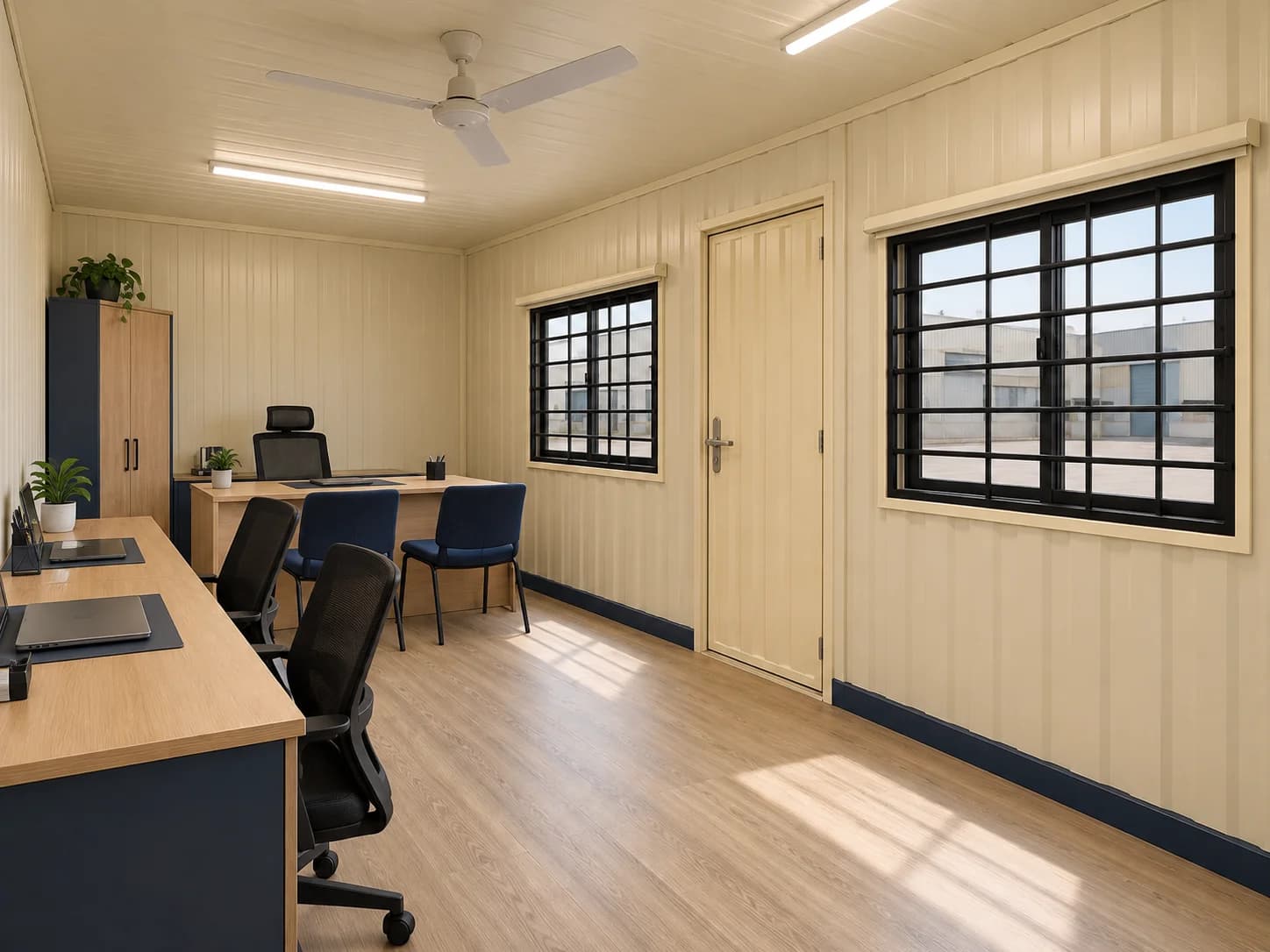 Inside a container office for Mysore — cream profiled-panel wall lining with a navy skirting, light oak-finish flooring, an L-shaped workstation with two laptops and mesh office chairs, a manager's desk with visitor chairs, a storage cupboard, two sliding windows with black grilles, a steel door, a ceiling fan and LED tube lights