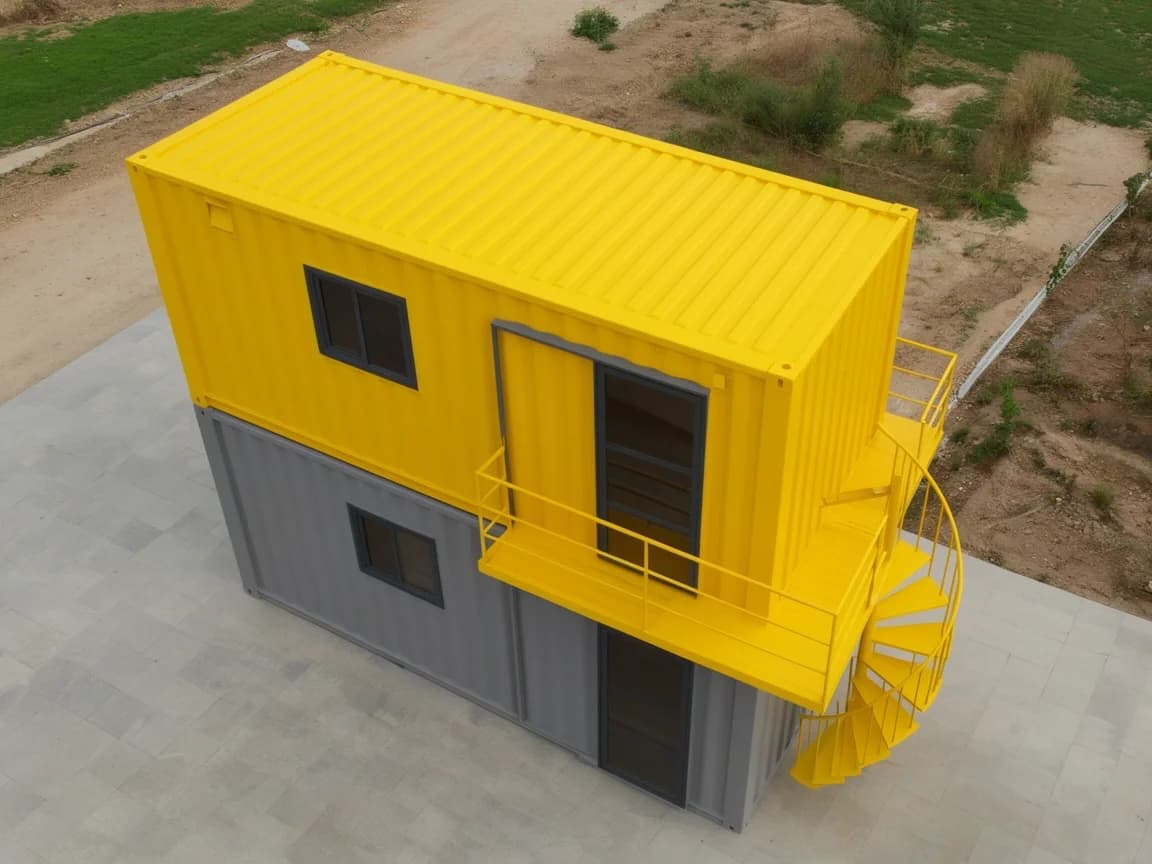 Container office in Pavagada — aerial view of the double-storey container office showing the yellow corrugated roof of the upper unit, its balcony and the spiral staircase, on a paved slab beside open scrubland