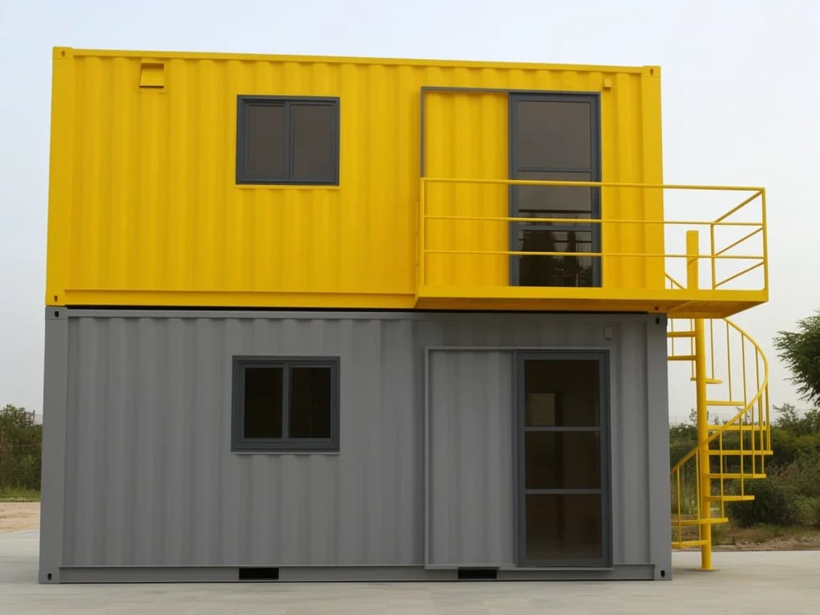 Container office in Pavagada — front elevation of a double-storey container office: a grey ground-floor unit and a yellow upper unit, each with a window and a glazed door, a railed upper balcony and a yellow external spiral staircase, on a paved forecourt