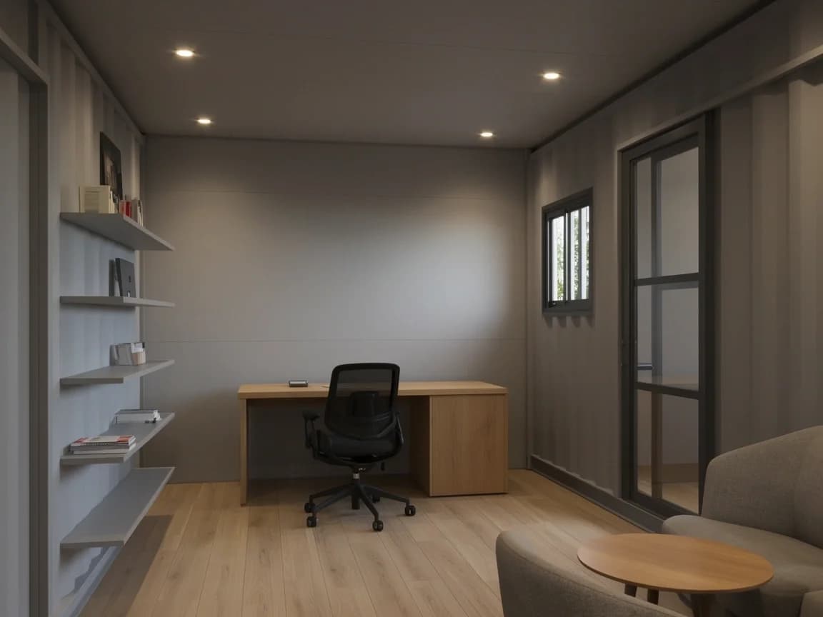 Container office in Pavagada — illustrative render of an optionally furnished office interior with a wooden desk and mesh chair, wall shelves, recessed ceiling lights, a sliding window, a glazed door, two lounge chairs and wood-look flooring