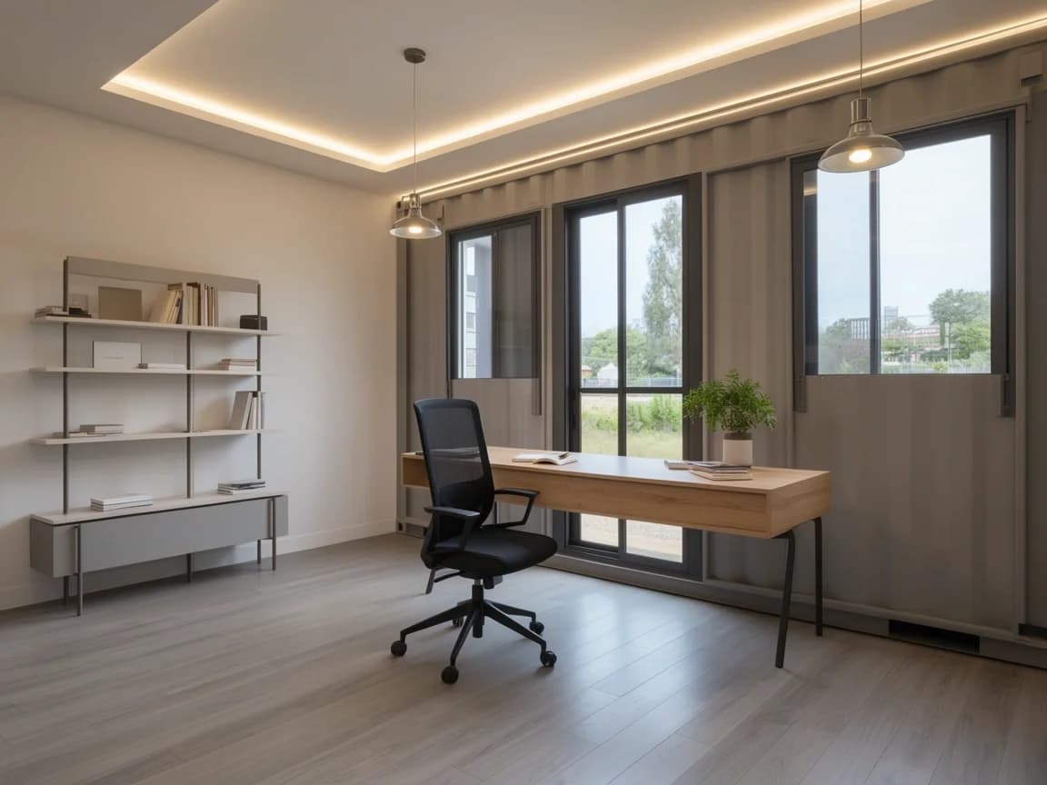 Container office in Pavagada — illustrative render of an optionally furnished workspace with a wooden desk and mesh chair beside three tall glazed windows, open shelving, pendant lights, a cove-lit false ceiling and wood-look flooring