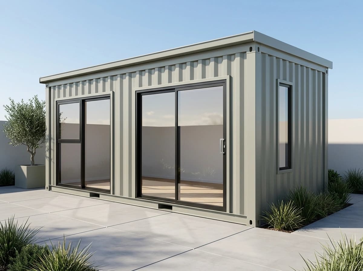 Container office in Sandur, Ballari — illustrative render of a light grey-green corrugated-steel container office with a flat overhanging roof, two black-framed sliding glass panels along the long side and a tall end window, on a paved forecourt with planting