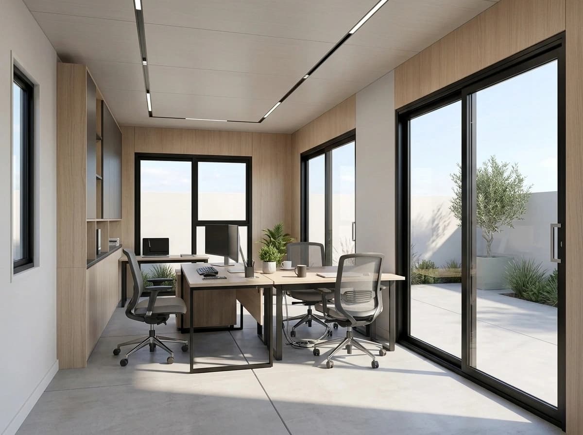 Container office in Sandur, Ballari — illustrative render of an optionally furnished office interior with two desks, mesh office chairs, wood-finish wall panels and storage, linear ceiling lights and full-height sliding glass panels