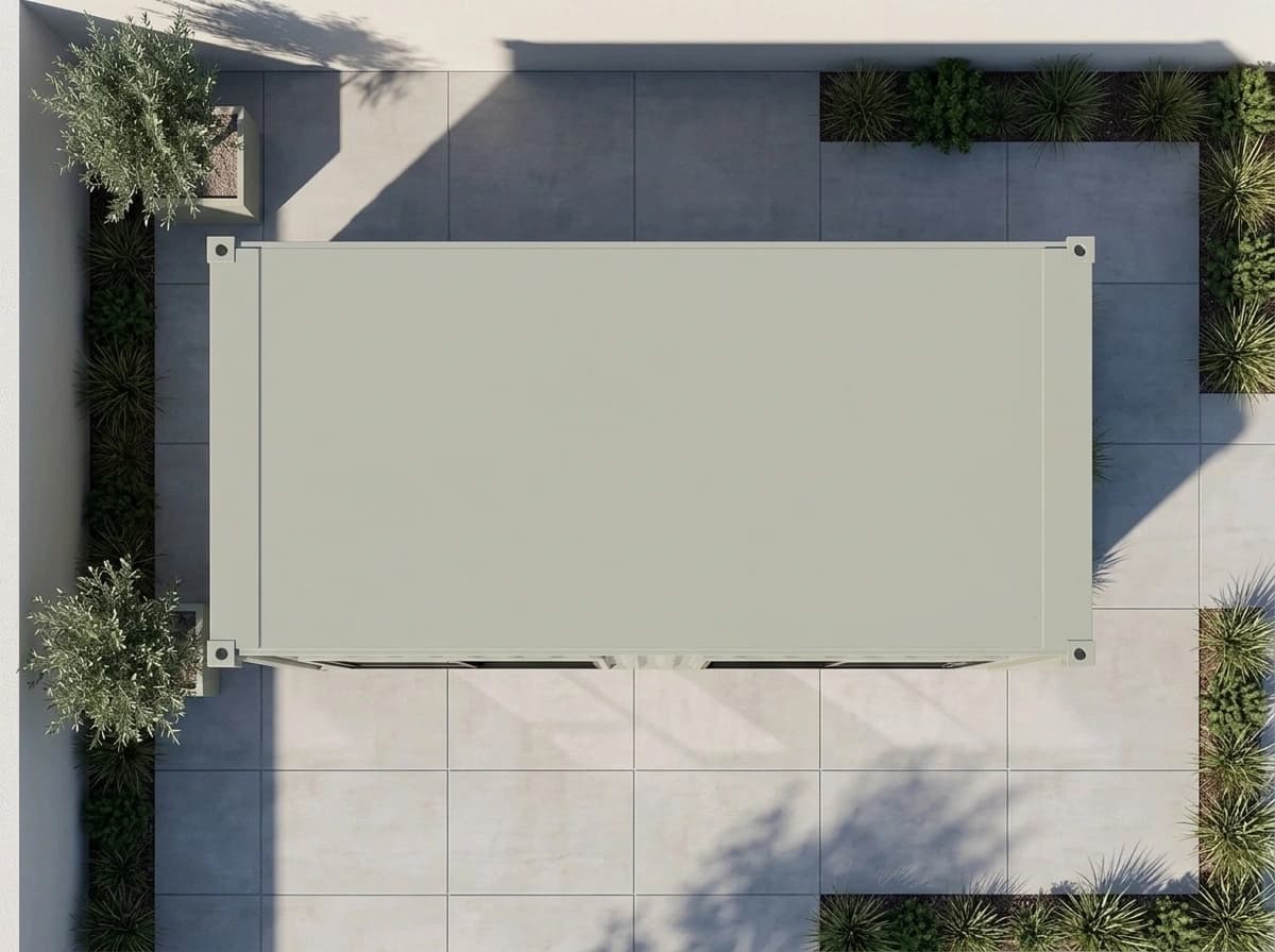 Container office in Sandur, Ballari — top-down view of the light grey-green container office showing its flat roof and corner castings, on a paved forecourt bordered by planting