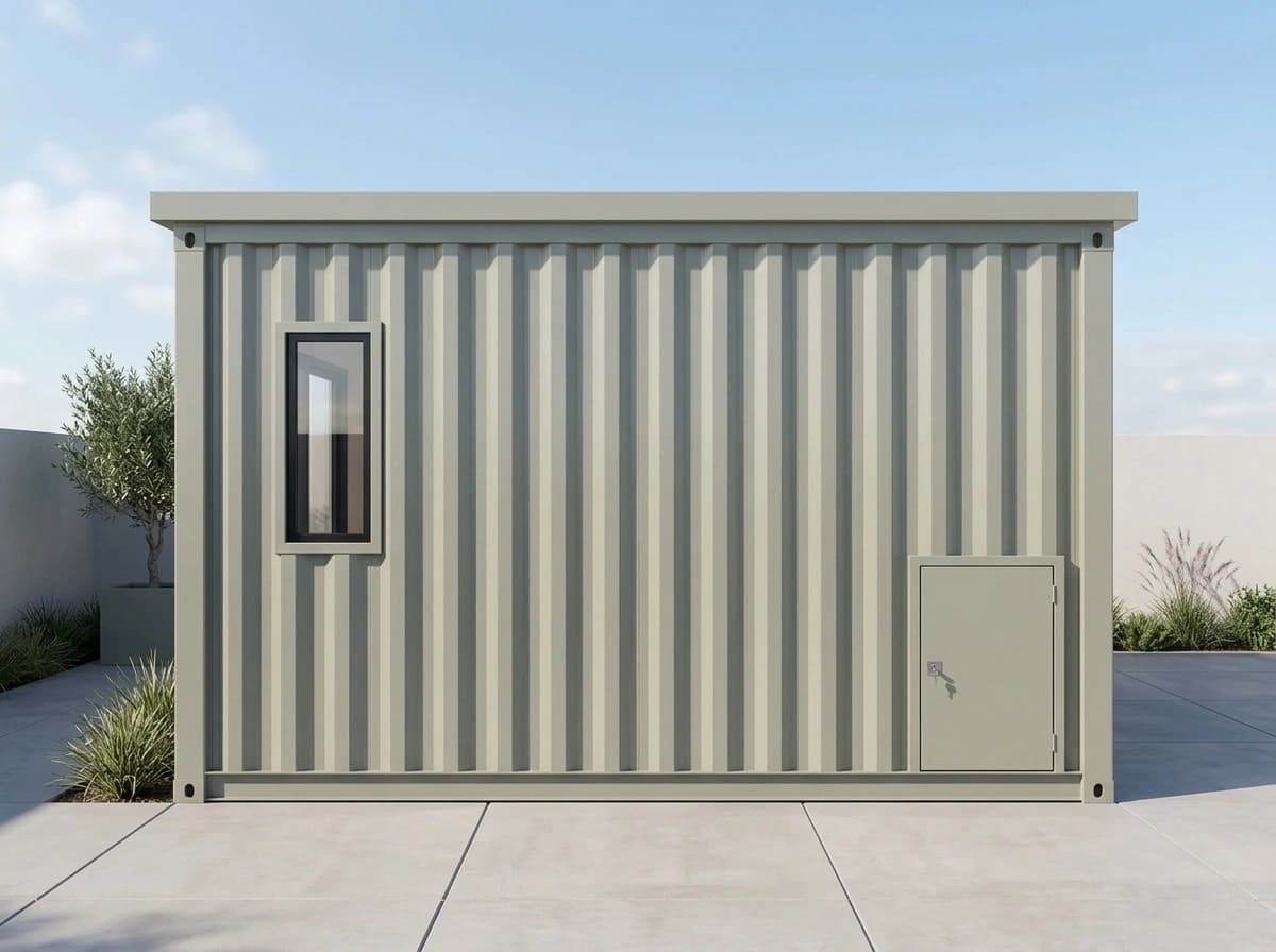 Container office in Sandur, Ballari — straight-on side elevation of the light grey-green corrugated-steel container office with a small framed window and a small lockable steel access panel