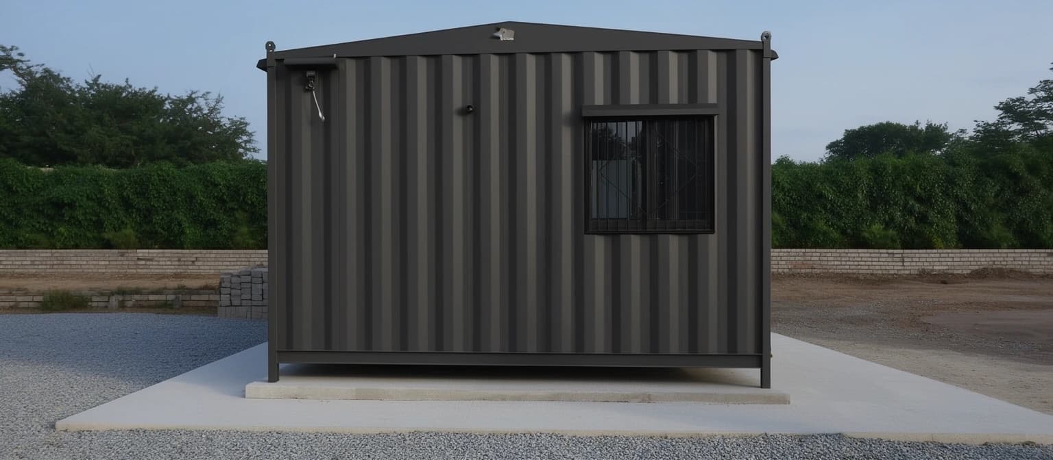 Container office in Sarjapur — gable end of the charcoal-grey portable cabin showing its roof overhang, a single grilled window and the concrete plinth it stands on, with a compound wall behind