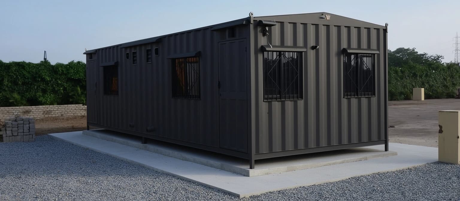 Container office in Sarjapur — charcoal-grey corrugated-steel portable office cabin with a low-pitched roof, a lockable steel door, grilled sliding windows and a wall-mounted light, standing on a concrete plinth in a gravel yard