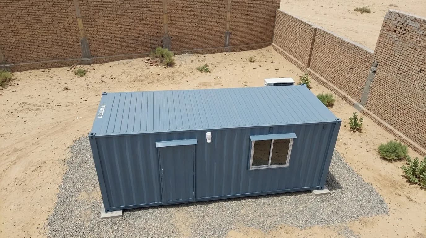 Container office in SIPCOT Coimbatore — elevated view of the blue site office placed in the corner of a brick-walled compound, with the AC outdoor unit landed beside it