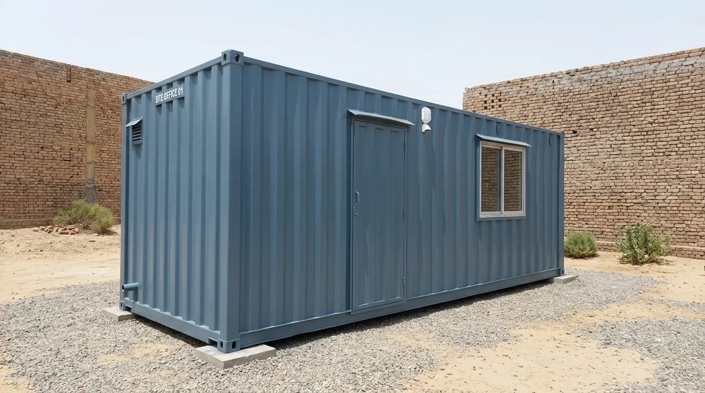 Container office in SIPCOT Coimbatore — three-quarter view of the blue Site Office 01 cabin on concrete pedestals, with vent, floodlight and shaded window