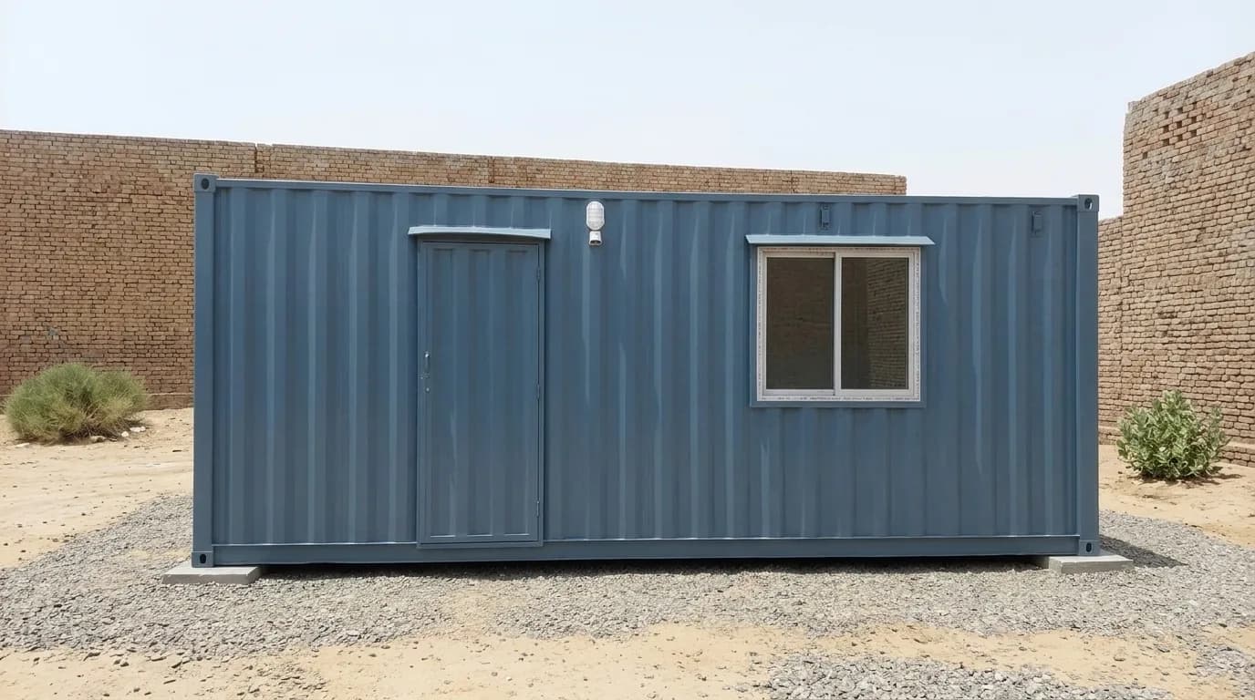 Container office in SIPCOT Coimbatore — blue 20 ft portable site office with a personnel door and shaded sliding window, set down on pedestals inside a walled compound
