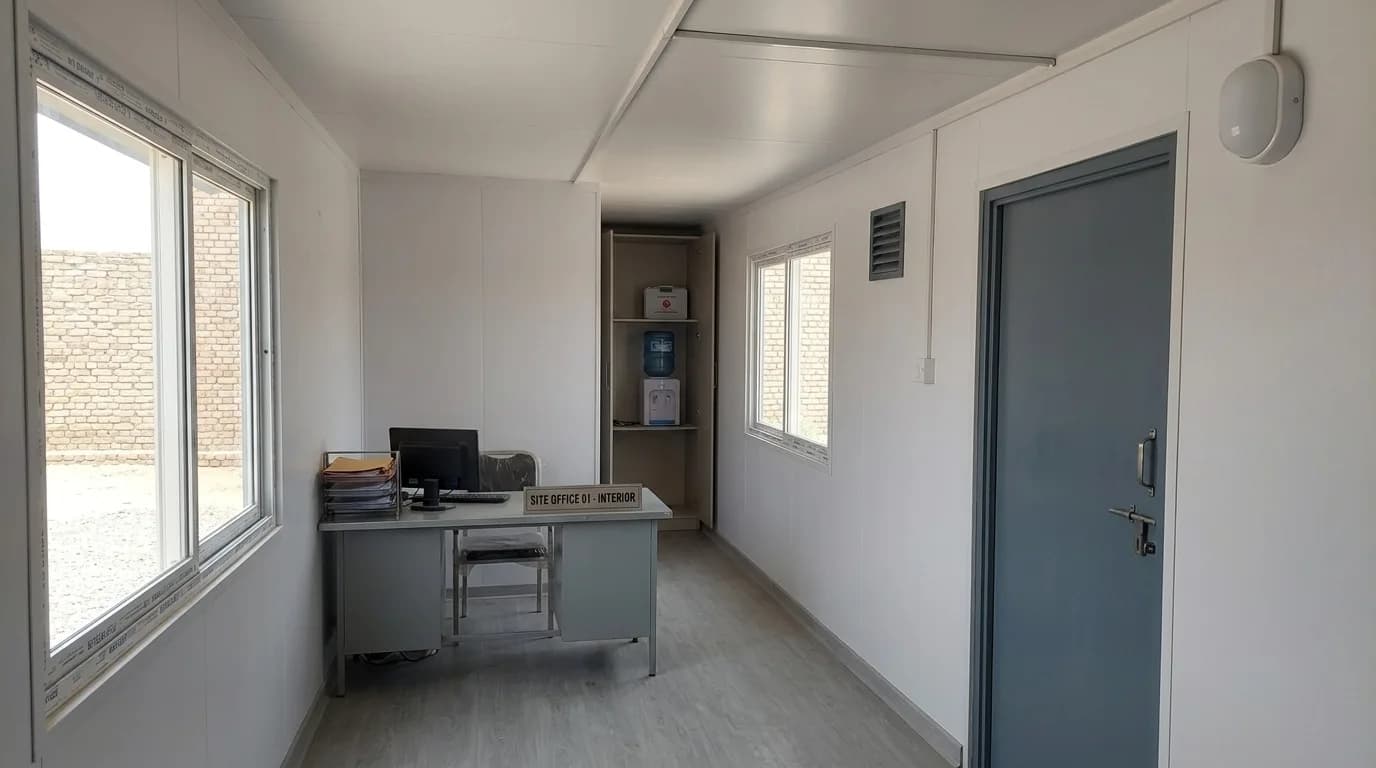Container office in SIPCOT Coimbatore — inside the site office: insulated white panel walls, desk with computer, storage cupboard, water dispenser, louvre vent and wood-finish flooring
