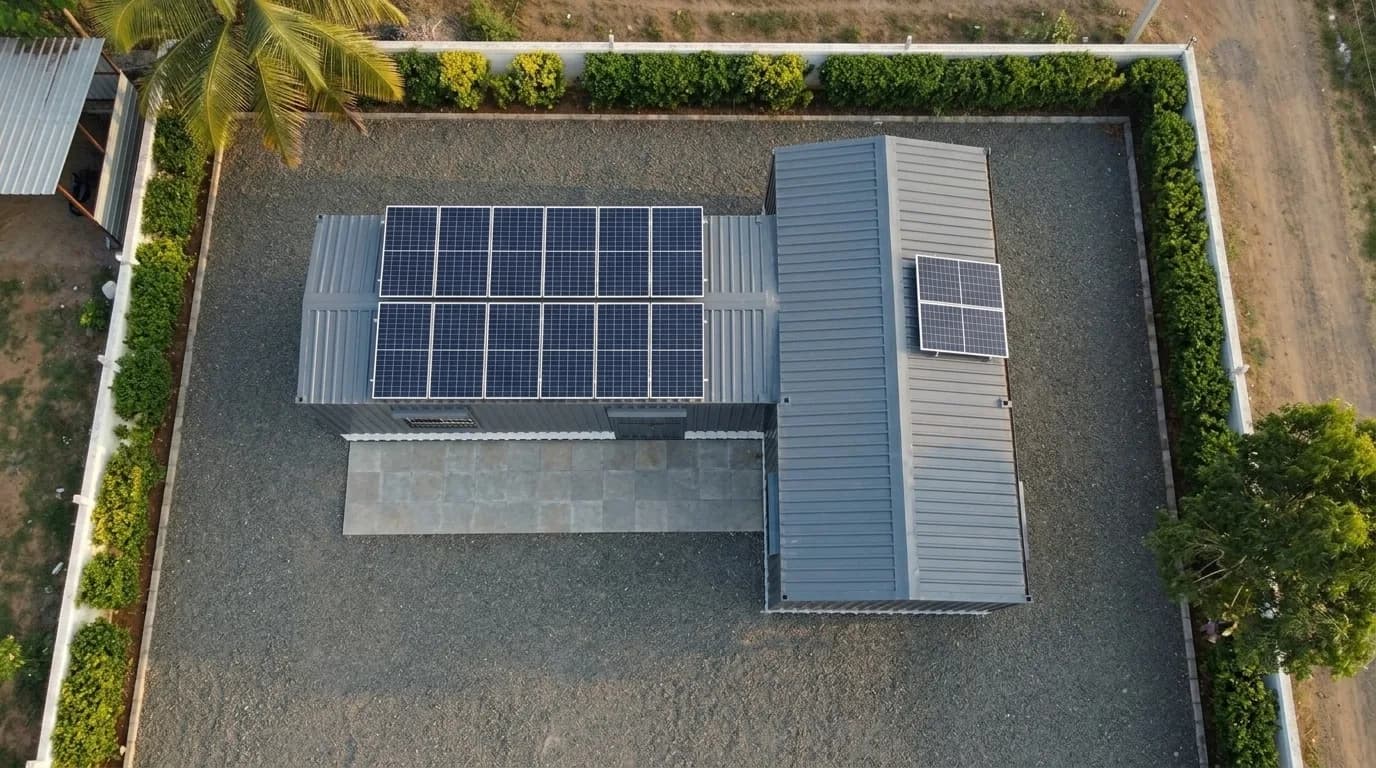 Drone view of a joined container office in Krishnagiri district — two grey units with rooftop solar panels, paved apron and a hedged compound wall