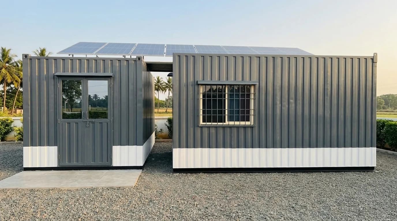 Container office in SIPCOT Krishnagiri — twin grey corrugated units with a glazed double entry door, barred sliding window, white skirting and a rooftop solar array