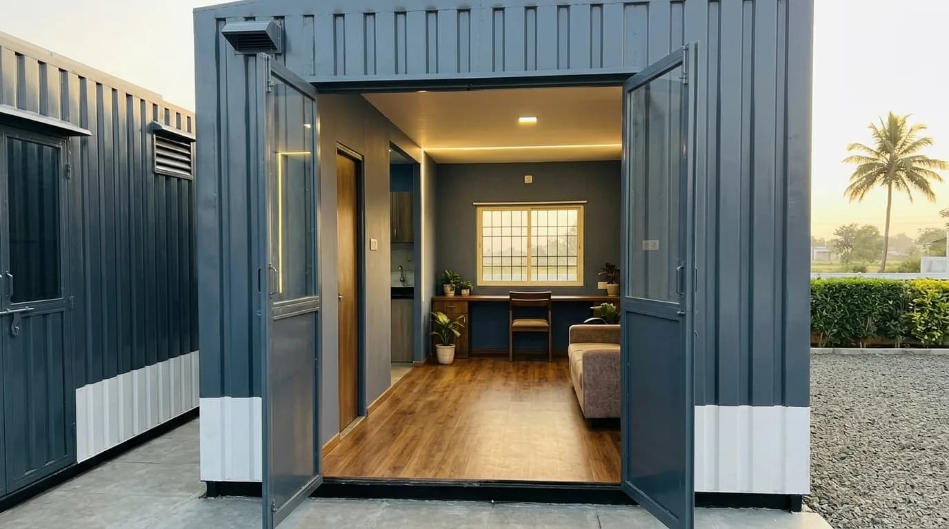 Open double doors of a container office in Krishnagiri showing the fitted interior — wood-finish flooring, desk by the barred window, seating and cove lighting