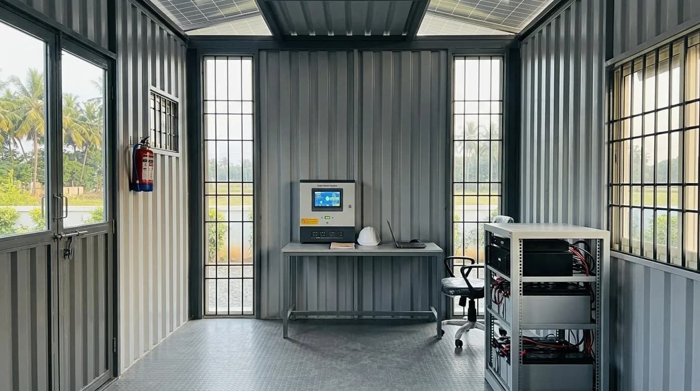 Working interior of a solar-powered container office in Krishnagiri — desk with the solar inverter and monitoring unit, equipment rack with batteries, chequered steel floor, tall barred windows and skylight strips under the panel canopy
