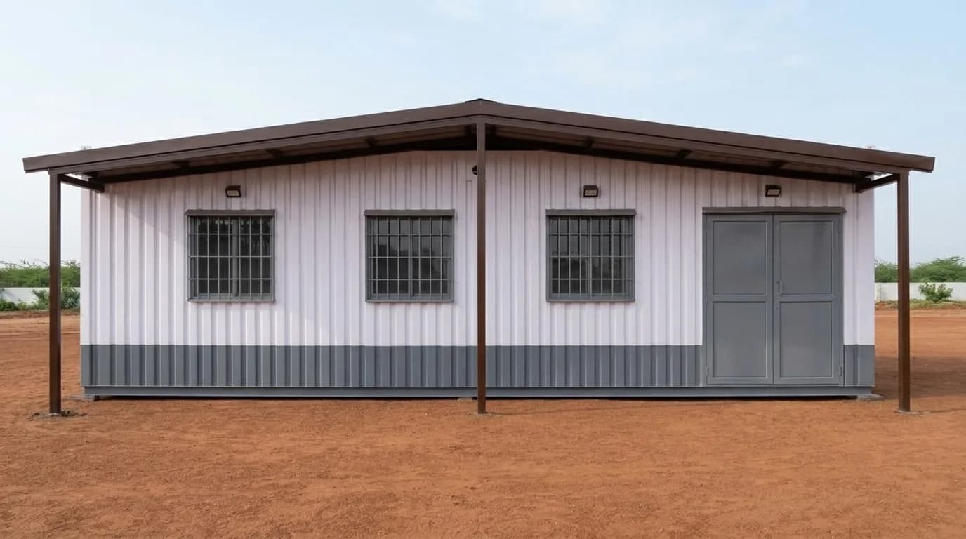 Container office in SIPCOT Shoolagiri — white insulated portable office with grey skirting, barred sliding windows and a brown gable canopy roof on open ground