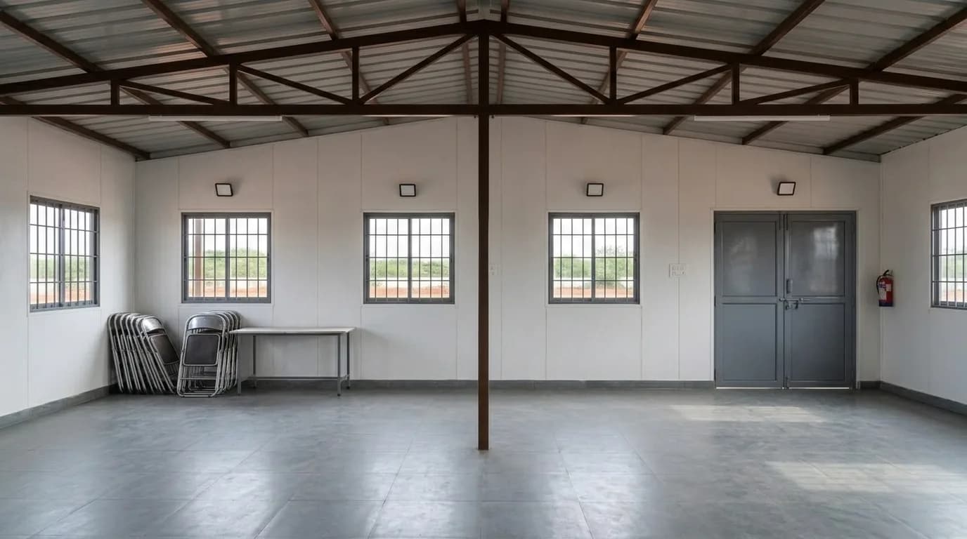 Inside a container office hall for SIPCOT Shoolagiri — insulated white panel walls, steel truss ceiling, barred windows, LED lights and a tiled floor ready for desks