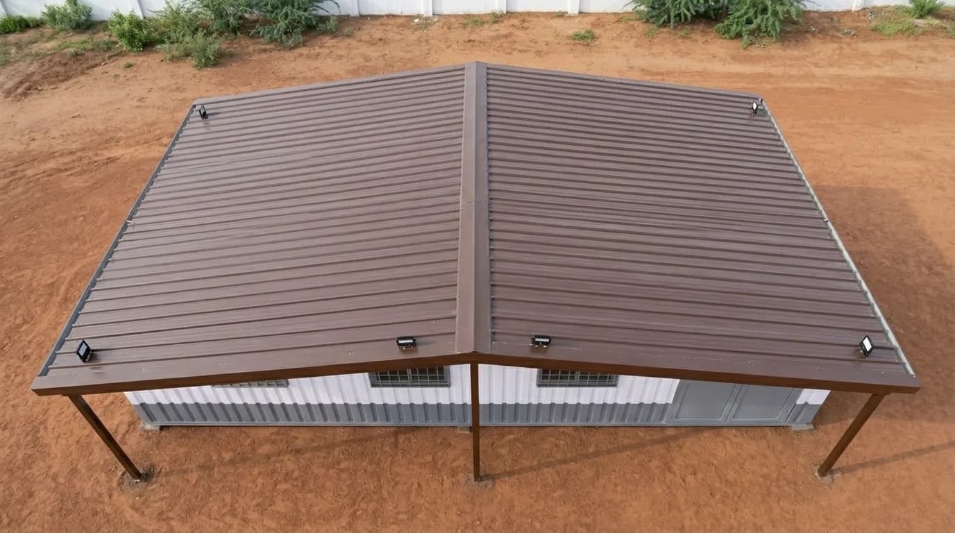 Aerial view of the brown sheet canopy roof over a container office in SIPCOT Shoolagiri, with mounted flood lights covering the surrounding yard