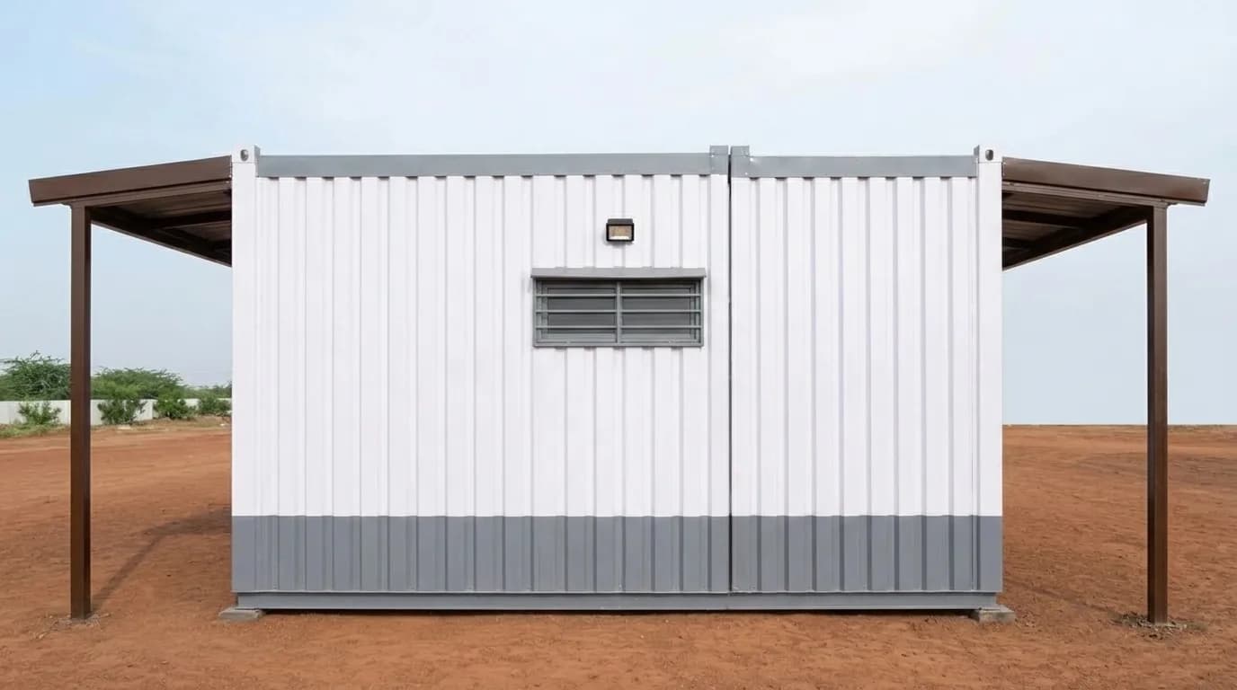 Side elevation of a joined container office for SIPCOT Shoolagiri — twin white insulated units under a projecting brown canopy roof with a grilled ventilator window