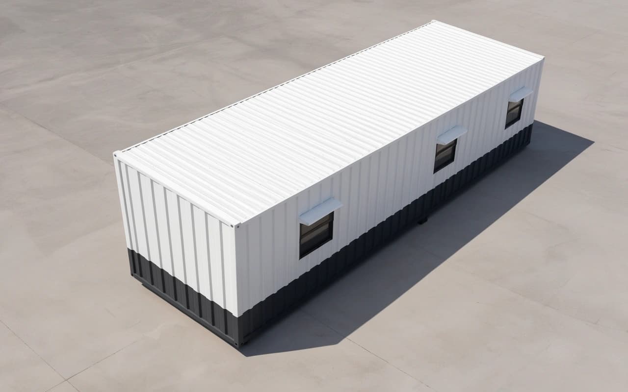Elevated view of a Portable Office Cabin container office — profiled-sheet roof, charcoal lower band and three hooded sliding windows, placed on a concrete yard