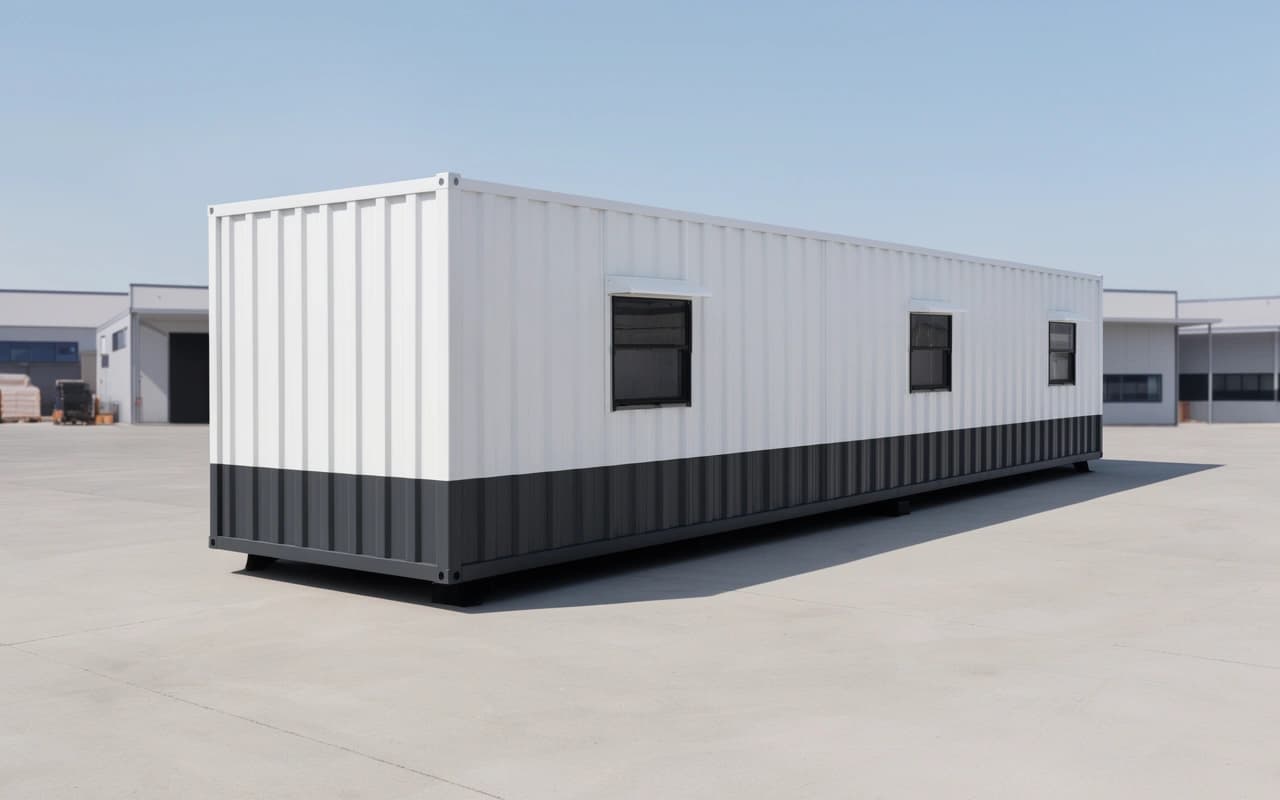 Container office in Tirunelveli: Portable Office Cabin's standard white corrugated steel site office with a charcoal lower band and three hooded sliding windows, shown in a yard; product image, not a Tirunelveli site