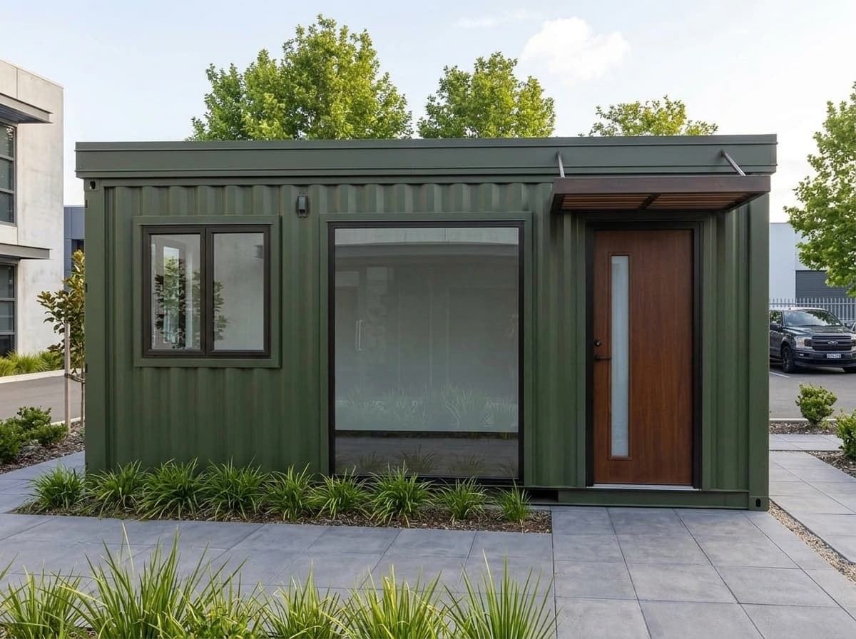 Front elevation of the olive-green container office: a two-pane window, a large fixed glass panel and a timber-finish door with a vision strip under a slatted canopy