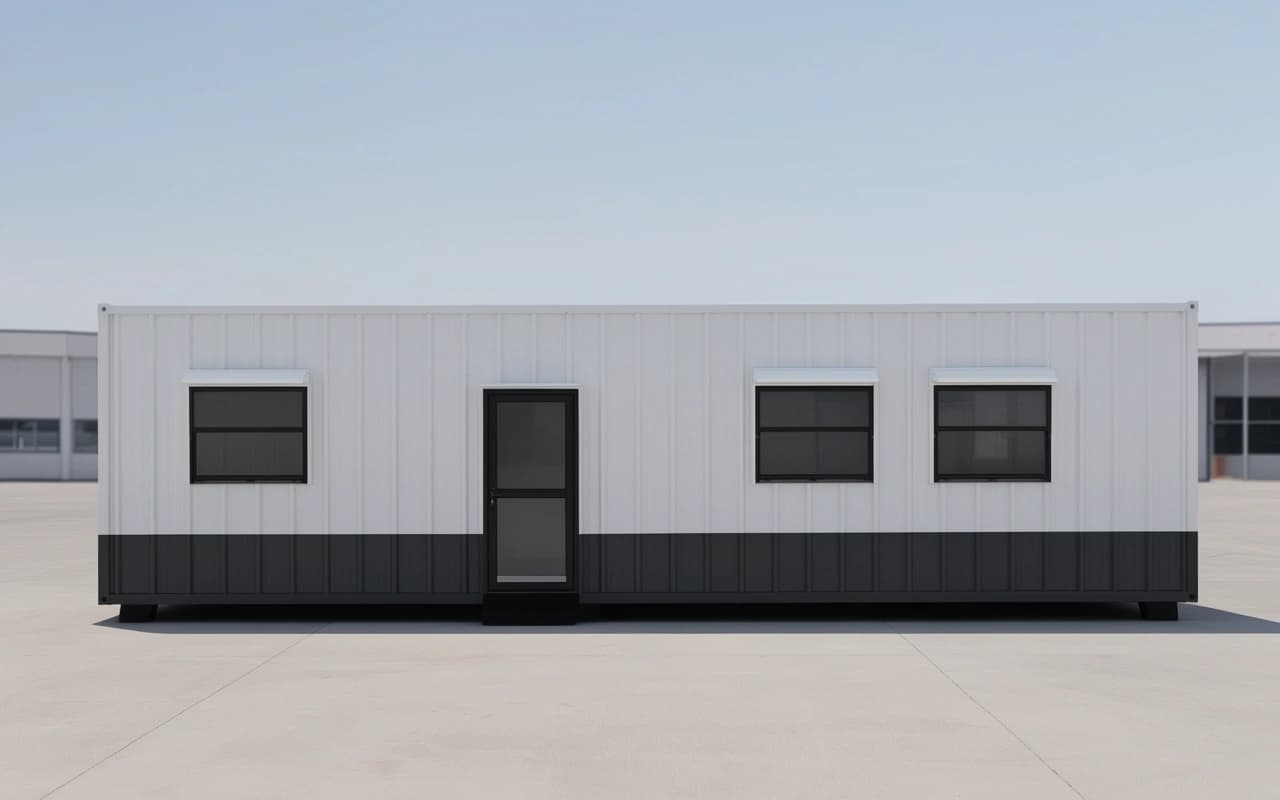 Front elevation of a Portable Office Cabin container office — central glazed door with a step, three hooded sliding windows and a charcoal skirt band along the base