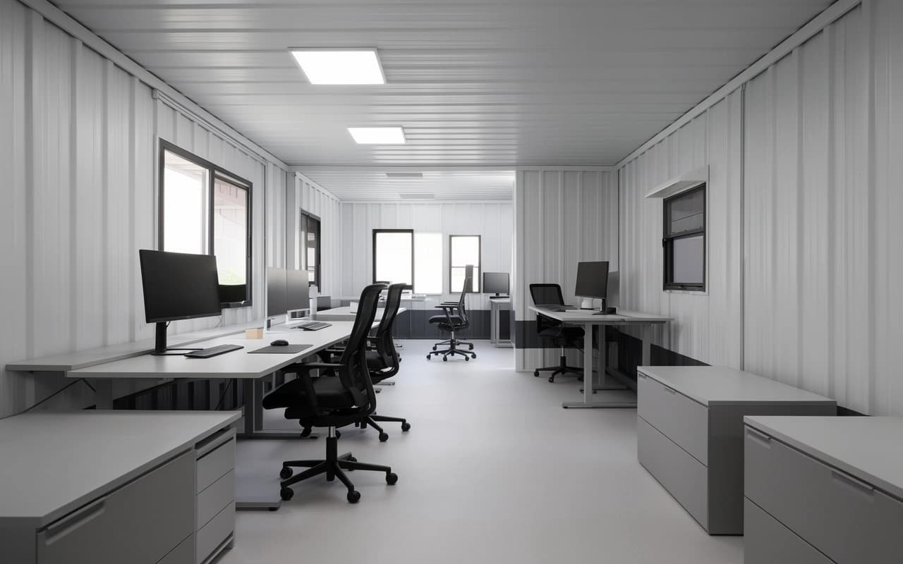 Inside a Portable Office Cabin container office — white corrugated steel wall lining with a dark lower band, workstations with monitors and office chairs, grey filing cabinets, sliding windows and LED panel lights over a smooth light-grey floor