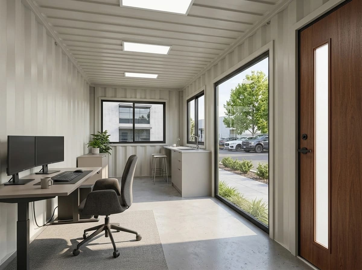 Inside the container office: light corrugated wall and ceiling lining with LED panel lights, a desk with two monitors and an office chair, a pantry counter with a sink and stools, a full-height glass panel and a timber-finish door
