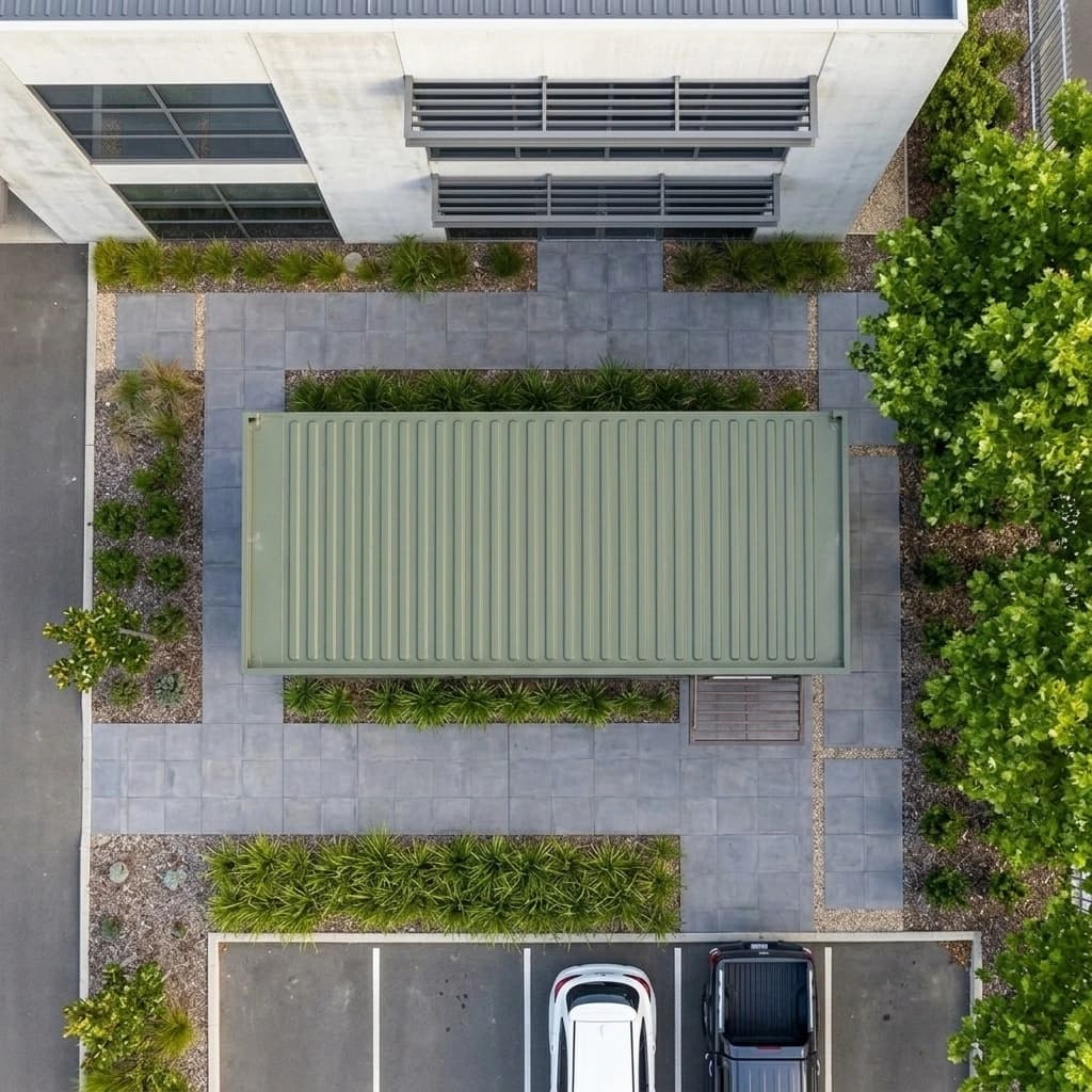 Top-down view of the olive-green container office's corrugated steel roof, set on a paved and planted forecourt between a building and a car park
