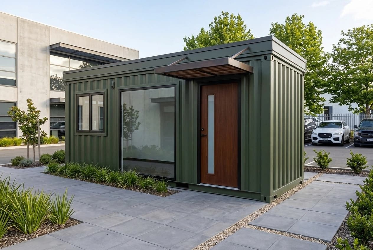 Container office in Tirunelveli: an olive-green corrugated steel container office with a timber-finish entry door, a full-height fixed glass panel, a side window and a slatted canopy, on a paved forecourt; product image, not a Tirunelveli site