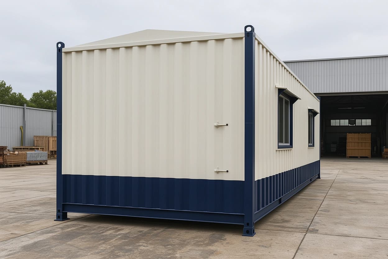 Container office in Tumkur — blank gable end of the cream-and-navy portable office showing the pitched roof profile, navy corner posts with lifting lugs and the hooded sliding windows along the side wall