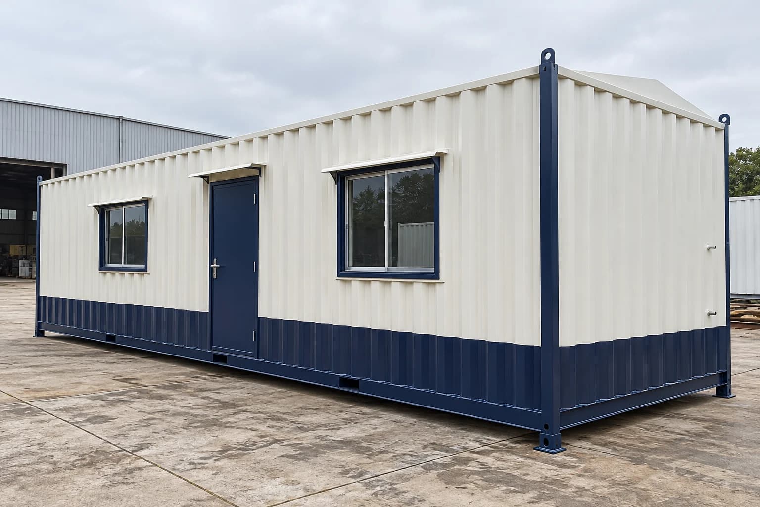 Container office in Tumkur — cream corrugated-steel portable site office with a navy-blue lower band and corner posts, a navy lockable entrance door under a small canopy and two hooded sliding windows, standing in a concrete yard beside an industrial shed