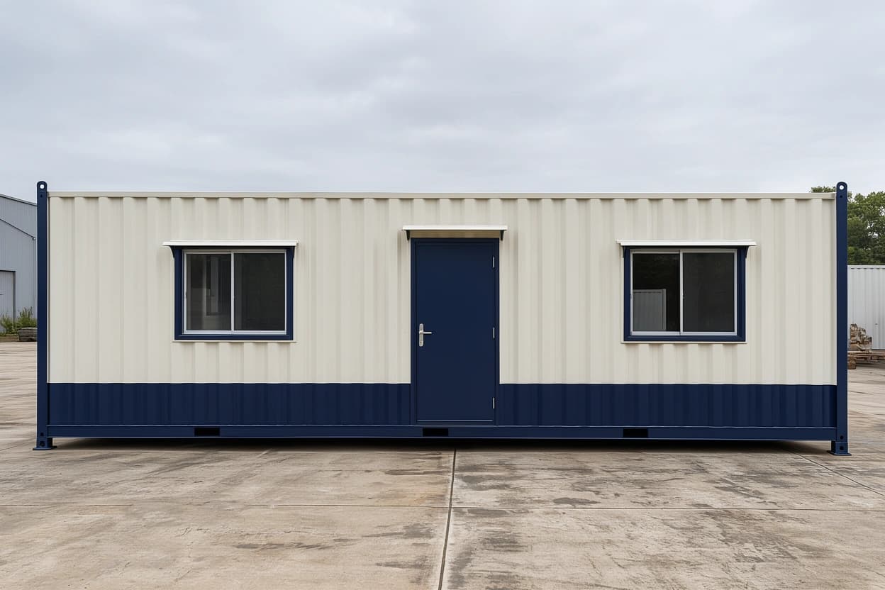 Container office in Tumkur — straight-on front elevation of the cream-and-navy portable office: a central navy door with a canopy, a hooded sliding window on each side and a navy skirt band along the base