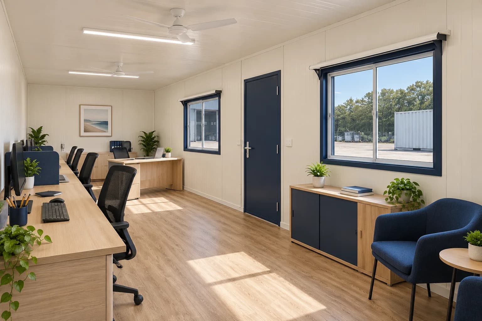 Container office in Tumkur — optionally furnished interior of the portable office: cream panelled walls, a row of workstations with monitors and mesh chairs, a manager's desk, a navy sideboard and armchair, sliding windows, ceiling fans and LED lights over wood-finish vinyl flooring