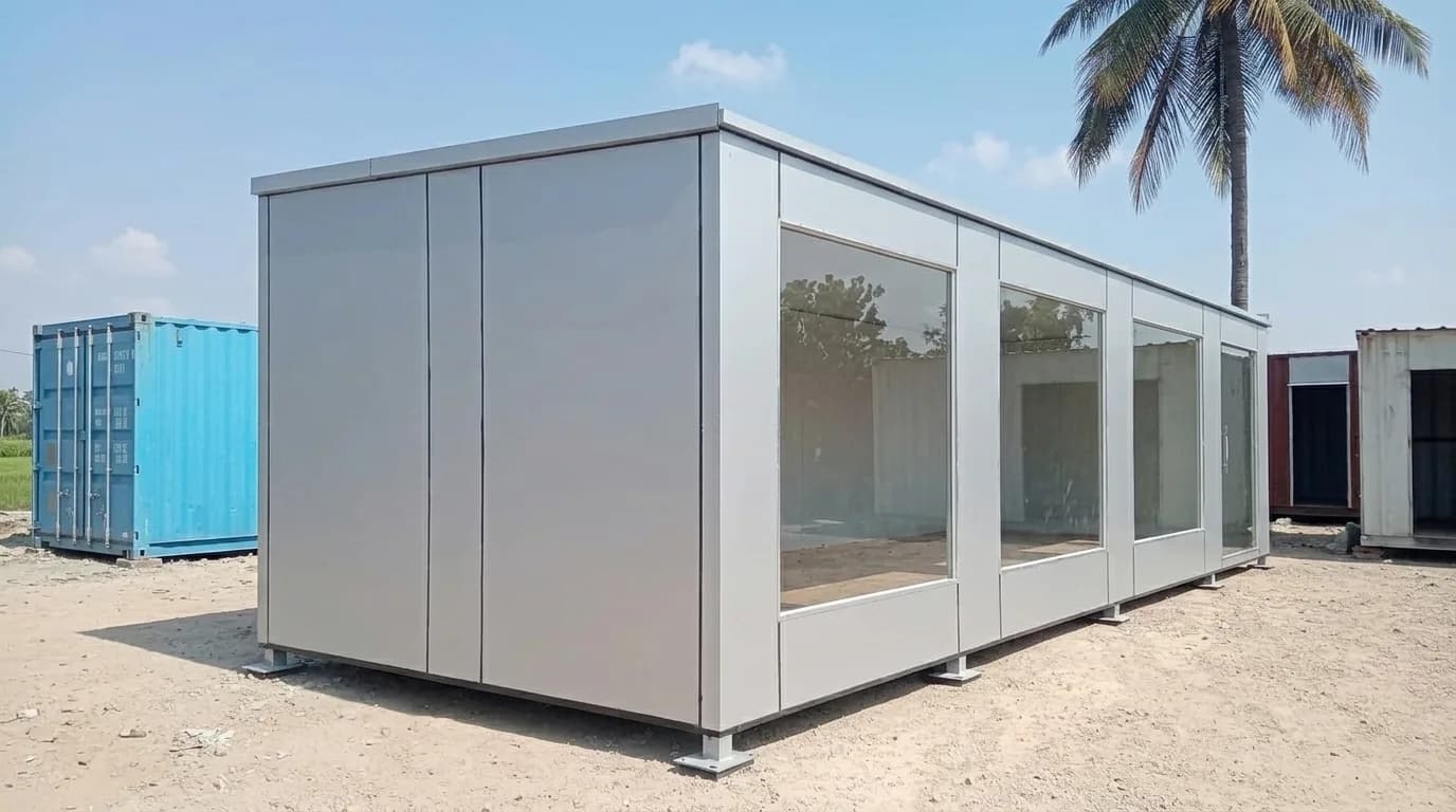 Container office near Tata Electronics, Hosur — three-quarter view of the light-grey glass-front unit in a container yard, up on steel base plates