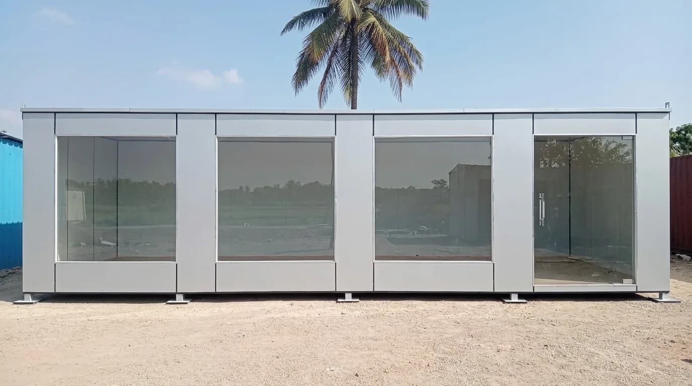 Container office near Tata Electronics, Hosur — light-grey glass-front portable office for vendor units, with four full-height window bays and a glazed entry door