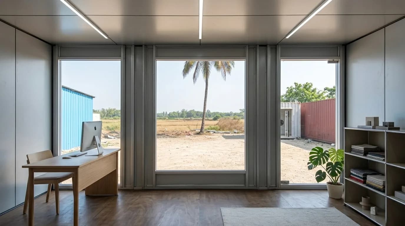 Container office near Tata Electronics, Hosur — inside the glass-front unit: desk with a monitor, wood-finish flooring, panelled ceiling with linear LED lights and full-height glazing to the yard