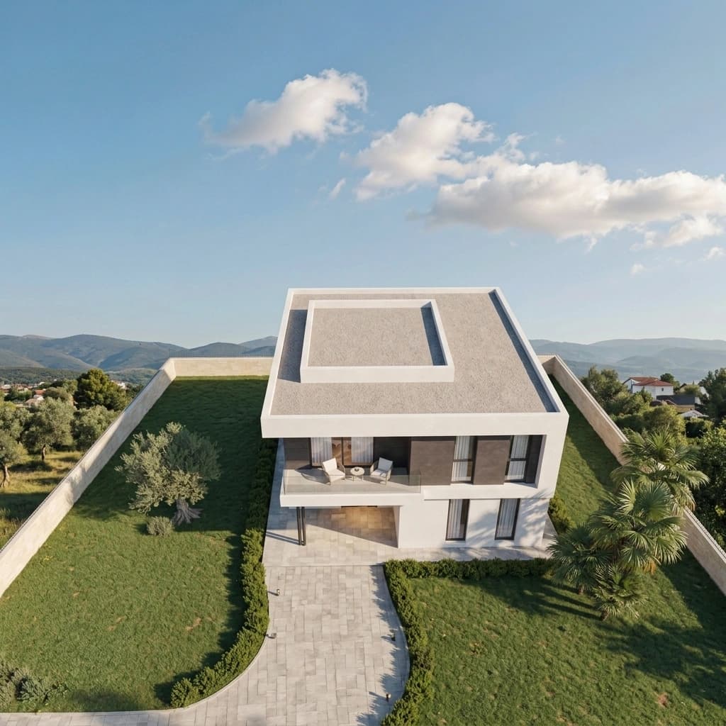 Aerial view of the same G+1 house on its plot, showing the flat roof and parapet, the compound wall running around the boundary, the lawn either side and the paved driveway curving in to the covered entrance