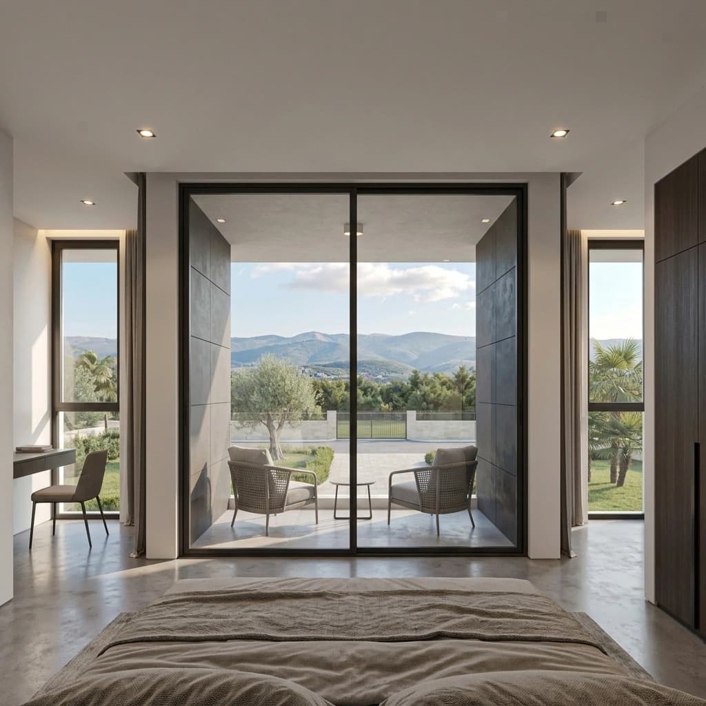 Interior visualisation of a first-floor bedroom looking through a full-height sliding glass door onto a covered terrace with two armchairs, with recessed ceiling downlights, a built-in desk at a side window and a fitted wardrobe