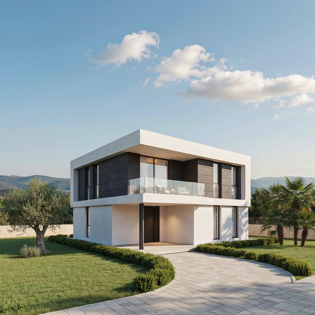 Three-quarter corner view of the same G+1 house showing the front and side elevations together, the cantilevered upper floor over a recessed entrance porch and the curved paved driveway