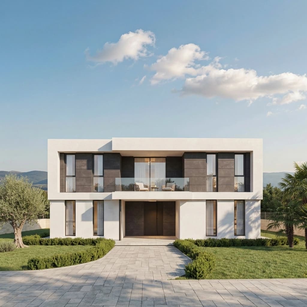 Design visualisation of a G+1 house seen straight on: white rendered walls with dark stone-clad panels between full-height windows, a first-floor balcony behind a glass balustrade, a recessed dark entrance door and a paved driveway between clipped hedges