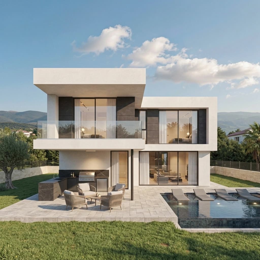 Garden elevation of the same house with the upper floor cantilevered over an outdoor kitchen and seating area, full-height sliding glazing to the living room, and a swimming pool with sun loungers alongside